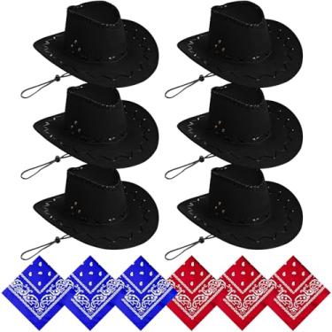Imagem de M-Aimee 6 peças de chapéus de caubói com 6 peças bandana faroeste de cowboy pacote de festa para festa à fantasia de adulto