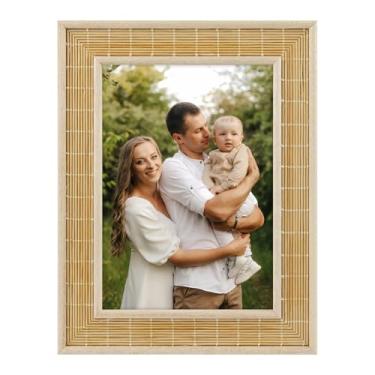Imagem de Golden State Art Porta-retrato 12 x 18 cm - Tecido de bambu com vidro - Moldura Boho para foto - Exibição de parede e mesa, 1 pacote