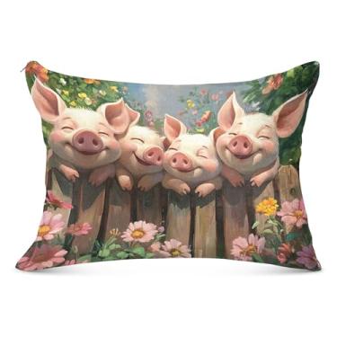 Imagem de Fronhas de flanela de flor colorida de porco fofo com zíper impressão de arte King Queen Capas de travesseiro de tamanho padrão para decoração de cama de casa, tamanho padrão, 51 x 66 cm