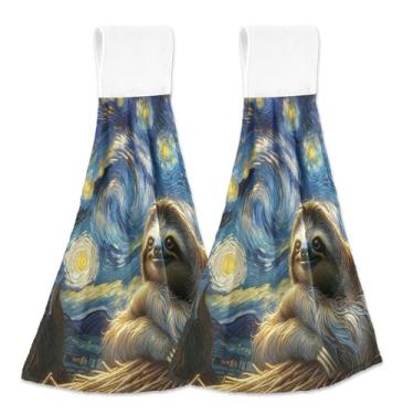 Imagem de Toalhas de mão personalizadas fofas preguiça céu noturno estrelado com laço para pendurar conjunto de toalhas de chá de forno de 2 toalhas de secagem de cozinha fofas absorventes 45 x 35 centímetros