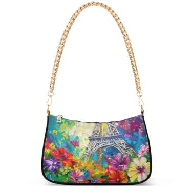 Imagem de Bolsa feminina com pintura Regatta Claude Monet Hobo Party Clutch feminina moderna com corrente sobre ombro, Pintura a óleo da Torre Eiffel