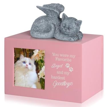 Imagem de DiDiBirDi Urnas de gato para cinzas, lembrança de madeira rosa com moldura de foto, caixa de memória para animais de estimação com estátua de anjo de gatos de resina e sacos de armazenamento selados