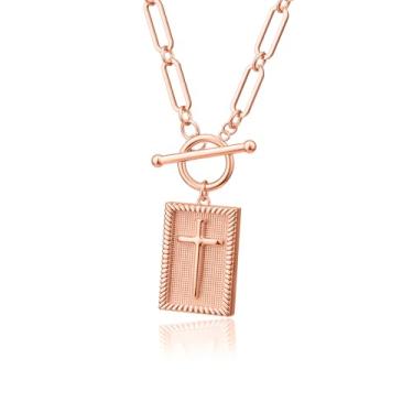 Imagem de Moodear Colar de cruz para mulheres, moderno, grosso, banhado a ouro 14K, banhado a ouro, prata, pingente de cruz, fecho articulado, corrente de clipe de papel, colar delicado para mulheres, moderno