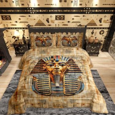Imagem de Conjunto de edredom vintage com estampa de faraó, pirâmide de faraó, para crianças, adolescentes, meninos, meninas, exótico, tribal, civilização egípcia, enchimento de colcha, dourado