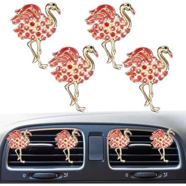Imagem de 4 peças de grampos de ventilação de carro flamingo fofos, clipe de saída de ar condicionado automático de strass de cristal, pingente difusor de purificador de ar, acessório de decoração de interiores