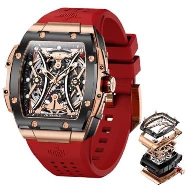 Imagem de OUPINKE Relógio masculino com corda automática de luxo esqueleto mecânico vestido de negócios relógios de pulso quadrado calendário preto, ouro rosa vermelho e preto, relógio masculino