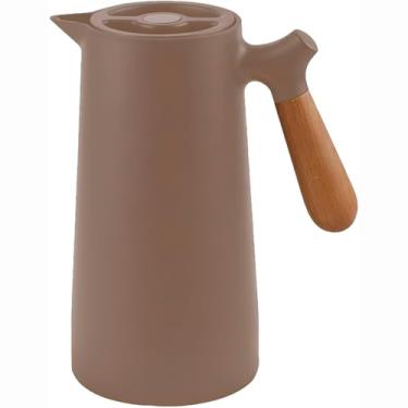 Imagem de Garrafa Térmica Nórdica, Jarra com Cabo de Madeira, Marrom, Aço Inox, 1 Litro, 24cm x 13cm, Tampa Rosqueável com Vedação, para Café e Bebidas Quentes ou Frias