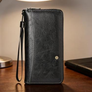 Imagem de Carteira masculina preta de grande capacidade, cor sólida, couro sintético, durável, design preto de grande capacidade com alça, couro sintético de cor sólida, durável