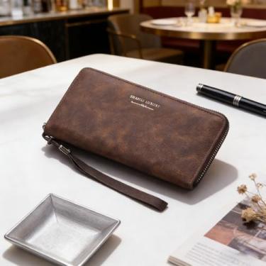 Imagem de Carteira masculina clássica marrom escuro com alça vertical de couro sintético, design vertical marrom escuro clássico com alça, couro sintético padrão tecido, vários cartões