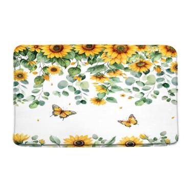 Imagem de Tapete de banho borboleta girassol rústico aquarela floral flor amarela primavera casa de fazenda folhas verdes planta botânica decoração de banheiro tapete de chão, 17,7 x 29,5 polegadas
