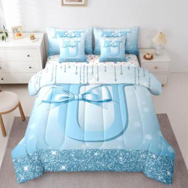 Imagem de Erosebridal Conjunto de edredom queen com laço fofo para meninas adolescentes com letra U | Conjunto de cama com laço moderno feminino em uma bolsa, monograma, moderno, conjunto de cama de 7 peças