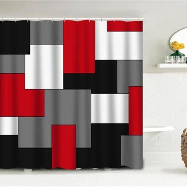 Imagem de Conjunto de cortina de chuveiro vermelha, arte abstrata, formas geométricas, colorido, moderno, banheiro, decoração de banheira, tela de banho com 12 ganchos 35x48in-90x123 cm/LxA