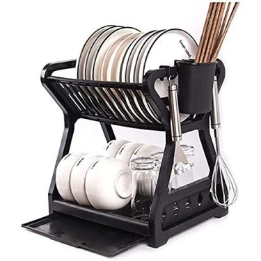 Imagem de Escorredor de pratos de cozinha de camada dupla rack de armazenamento de drenagem com gaiola de pauzinhos organizador de utensílios domésticos bandeja caixa cesta (cor: preto) DAKSL (Cor: Bl