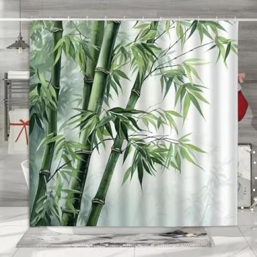 Imagem de Cortina de chuveiro botânica, paisagem de bambu verde, decorações de banheiro de fazenda, cortinas de banho laváveis com ganchos, decoração de banheira 107 x 205 cm/LxA, cortina de chuveiro lavável