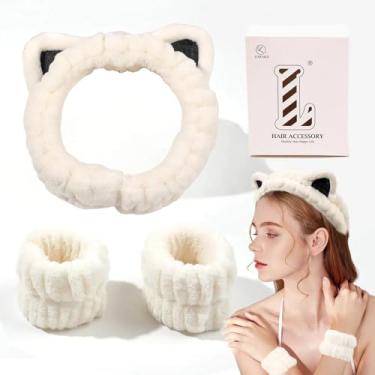 Imagem de Fitas de maquiagem para mulheres – Faixa de cabeça branca para spa, gravata borboleta fofa para lavar o rosto e cuidados com a pele, orelhas de gato fofas, faixa de cabeça de spa para mulheres