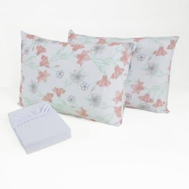 Imagem de Jogo de Cama Queen 3 Peças Malha 100% Algodão Lençol com Elástico Fronhas Estampadas Toque Macio(Romance branco)