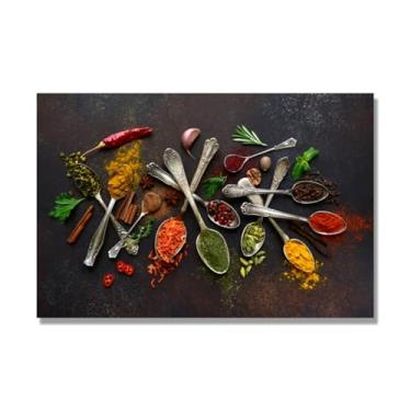 Imagem de Arte de parede em tela colorida para especiarias e colher de tempero | Decoração de cozinha vintage | Arte moderna para casa e sala de jantar. C61. 80 x 120 cm - 31,5 x 47,3 pol. Somente tela