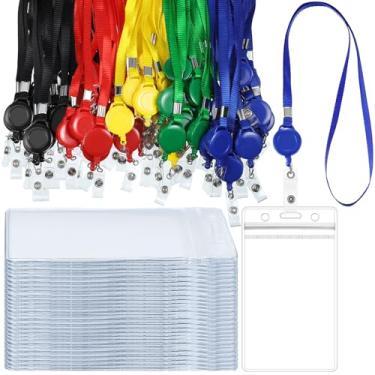 Imagem de Marspark Conjunto de 50 conjuntos de cordões com porta-identidade, inclui cordão plano com carretel retrátil para crachá e nome de cartão vertical transparente e suporte de crachá para carteira de