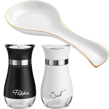 Imagem de Patelai Conjunto de 3 peças de bancada de cozinha, saleiro e pimenteiro com descanso de colher de cerâmica, acessórios rústicos para cozinha, cozinha, servir, jantar, churrasco, decoração (cor