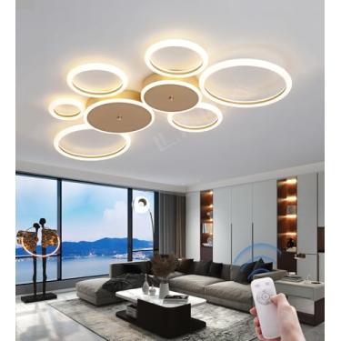 Imagem de Luminária de teto LED dimerizável preta/dourada com design moderno e criativo em formato de anel, com controle remoto, iluminação suave para os olhos, ideal para sala de estar, quarto e escr