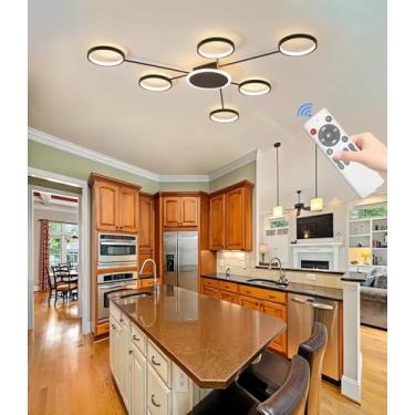 Imagem de Luminária de teto LED moderna para sala de estar, regulável com controle remoto, retangular, preta, 92W, adequada para quartos, salas de estar, cozinhas e salas de jantar de 20 a 30 m² (6+1)