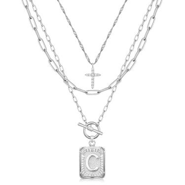 Imagem de MJartoria Colar com inicial em camadas para mulheres, moderno, latão banhado a ouro 14K, gargantilha com cruz simples, pingente de letra quadrada, colar de corrente de clipe de papel, joias, one size