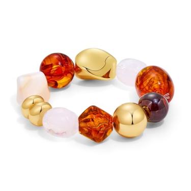 Imagem de FAUTHENTICUTE Pulseiras femininas Boho com contas e berloques de resina mista, retrô e grossa, pulseira feminina elástica moderna para uso diário, joias boêmias, presentes