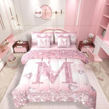 Imagem de Conjunto de edredom solteiro com letra M, 7 peças, para crianças, adolescentes, fantasia e monograma, princesa, fofo, conjunto de cama estética