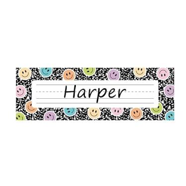 Imagem de AnyDesign 36 peças adesivos de etiqueta de nome de sorriso de volta às aulas placas de identificação com composição salpicada rosto feliz adesivos adesivos para estudantes, mesa, sala de aula, quadro