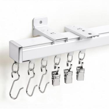 Imagem de TEAKMAMA Barra silenciosa embutida para cortina de teto/parede, trilho de cortina resistente, com ganchos e clipes para trailer, sala de estar, quarto, banheiro, 4,5 m a 5,5 m, branca