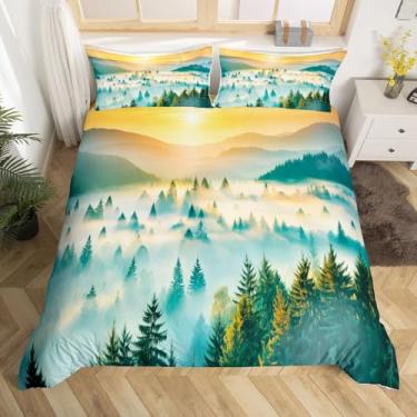 Imagem de Erosebridal Jogo de cama Queen com estampa de montanha esfumaçada, dourado, nascer do sol, floresta, pinheiro, para crianças, meninos, meninas, conjunto de cama Natrue
