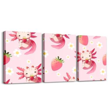 Imagem de Erosebridal Conjunto de 3 peças de arte de parede em tela de axolote rosa fofo para crianças, meninas, adolescentes, lindas pinturas emolduradas de margaridas e estampas de pôsteres de animais