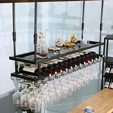 Imagem de SGeneE Suporte de vinho rack de teto prateleira flutuante altura ajustável suporte de garrafa de vinho vintage suporte de vinho rústico taças decoração prateleira para bares/restaurantes/80 cm (120 cm