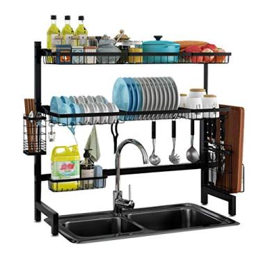 Imagem de Escorredor de pratos de aço inoxidável de 2 níveis para pia de cozinha, escorredor, talheres, filtro de água, organizador de utensílios de mesa, 4 tamanhos - prata/preto (preto 95 x 28 x 82 cm)