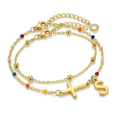 Imagem de KummerSaprk Pulseira feminina com letras cruzadas, inicial dourada, corrente ajustável, pulseira religiosa com contas mínimas para uso diário e ocasiões inspiradas na fé, Large, Zinco, Sem Pedra