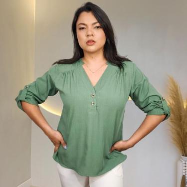 Imagem de Blusa Camisa Feminina Social Botões Manga 3/4 Formal Laura, Verde ment