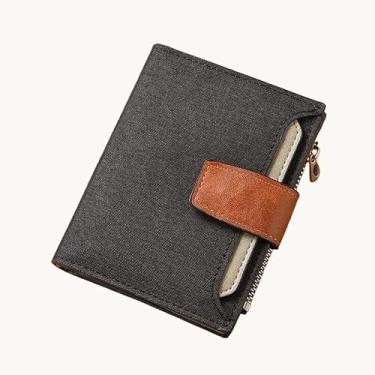 Imagem de Carteira curta masculina de lona - organizador de 16 compartimentos para cartão com bolso com zíper, durável, 12 x 10 cm (preto, azul, cinza), Preto, Retrô