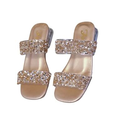 Imagem de GORGLITTER Sandálias femininas transparentes de lantejoulas grossas brilhantes com alça dupla quadrada aberta sapatos sociais sandálias de salto alto, Dourado, 15