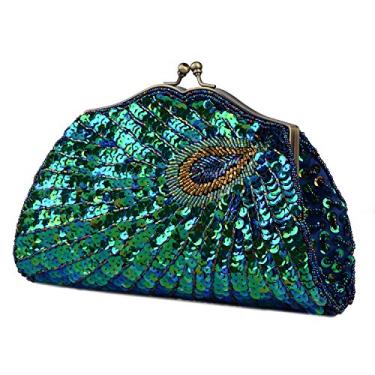 Imagem de LIFEWISH Bolsa feminina exclusiva de luxo com lantejoulas e contas para noite de casamento, festa de casamento, formatura, bolsa clutch (azul pavão), Estilo D, Large