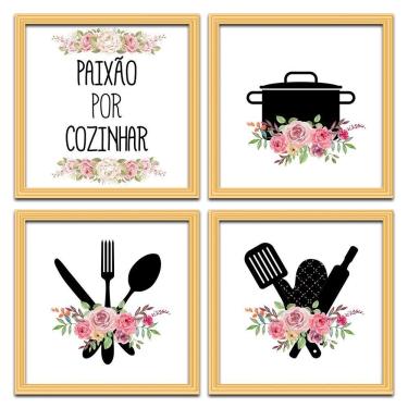 Imagem de Conjunto Quadros Decorativos 4Pç 20X20 Paixão Por Cozinhar 2 Titulo Moldura Marfim