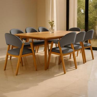 Imagem de Kit 8 Cadeiras de Jantar Noah com Braço Madeira Maciça Linho Estofada 