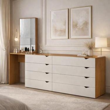 Imagem de Cômoda Penteadeira 8 Gavetas com Espelho Porto Bege/Creme/Freijó - Pol