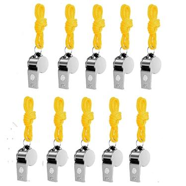 Imagem de Sporting Goods Apito de aço inoxidável com cordão, apito para treinadores, árbitros, apito de treinamento com som nítido com cordão para esportes escolares, futebol, basquete (10 peças)