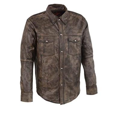 Imagem de Camisa masculina de couro envelhecido e leve Milwaukee Leather MLM1605 "Button Down"Milwaukee Leather X-Large marrom MLM1606-BLK-BEIGE-XL