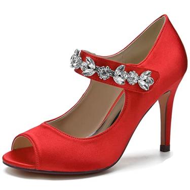 Imagem de Sapatos de casamento de noiva de cetim feminino escarpins peep toe com strass salto agulha alto marfim sapatos sociais 35-43,Red,6 UK/39 EU