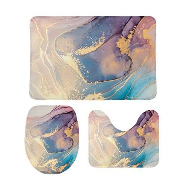 Imagem de My Little Nest Conjunto de 3 peças de tapete de banheiro com textura abstrata azul e roxa, tapete de banheiro de espuma viscoelástica, antiderrapante, lavável, tapete de contorno e tampa para banheiro