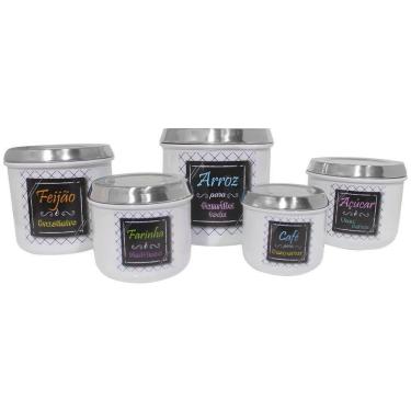 Imagem de Conjunto De Mantimentos Branco Decorado Em Alumínio Para Cozinha 5 Peças