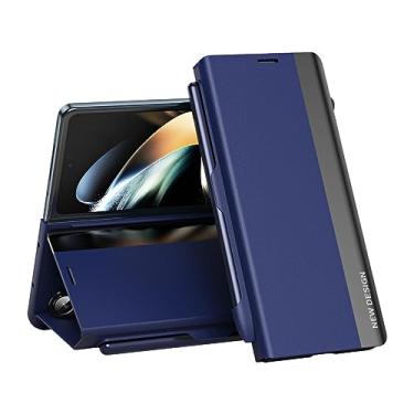 Imagem de lefeda Capa de couro para Samsung Galaxy Z Fold 5, capa fina e transparente inteligente com suporte para caneta S e suporte, capa protetora flip de corpo inteiro à prova de choque, azul