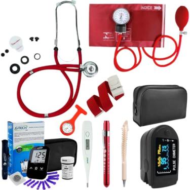Imagem de Kit Enfermagem Completo Vermelho Estetoscópio Esfigmomanômetro Oximetro Glicosímetro Garrote Termometro, Lanterna Clínica, Relógio Lapela + Caneta de Osso