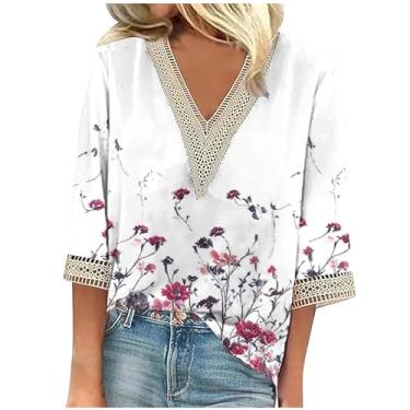 Imagem de Camiseta feminina de manga 3/4, moda de verão, gola V 2024, estampa floral, blusa elegante, túnica casual, #29 Branco, 4G